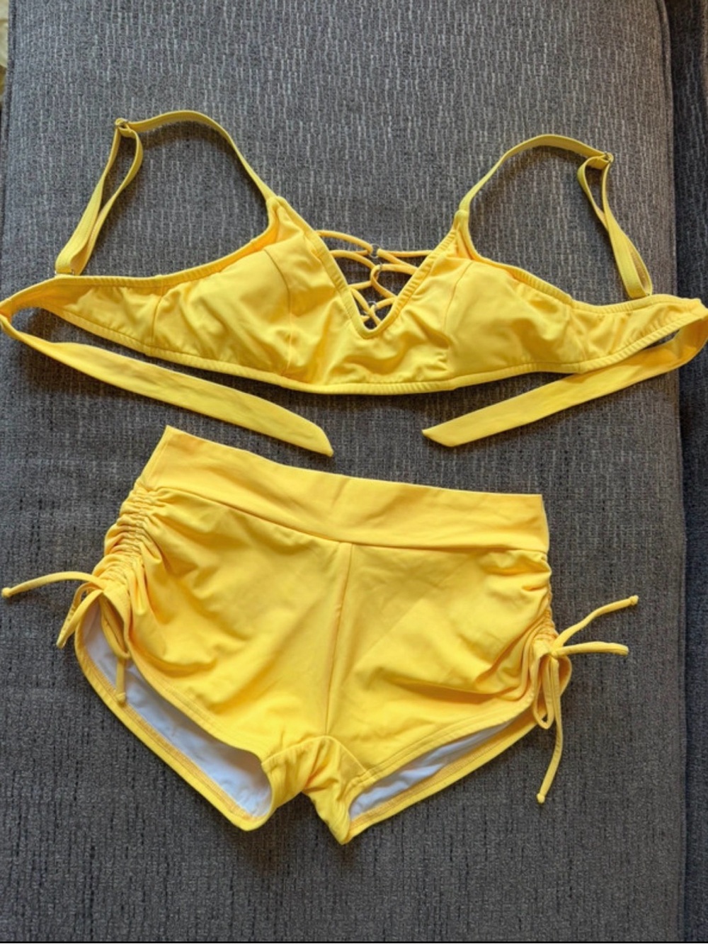 VENUS Yellow Lace-Up Bralette and High-Waist Shorts Set